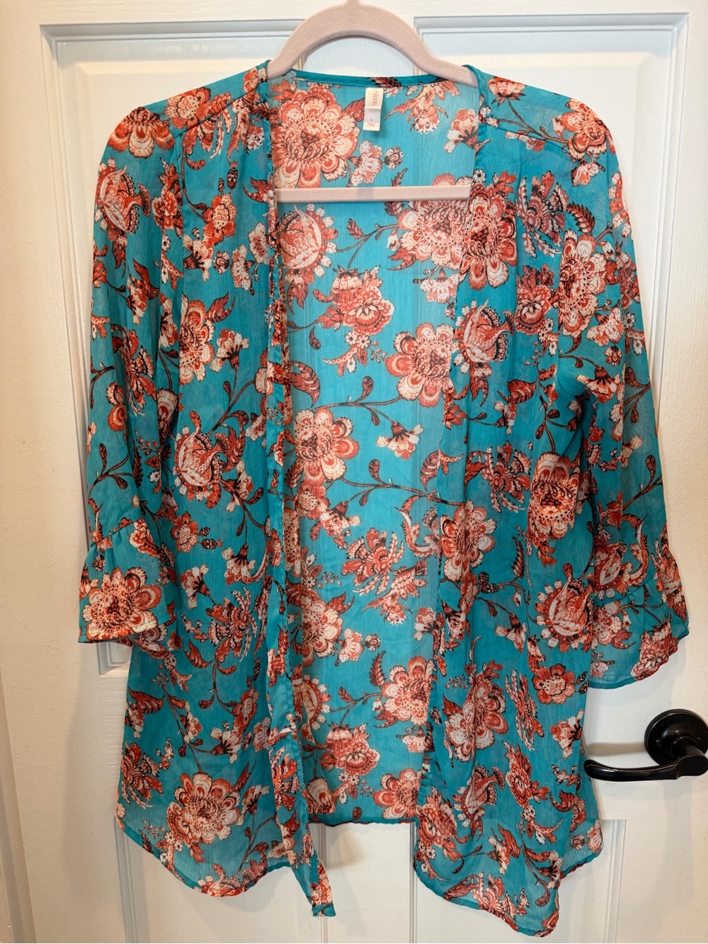 Xhilaration Kimono or Turquoise Floral Swim Coverup with Coral Accents